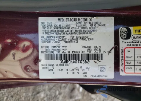 2012 Ford Fusion Se from USA, damaged, VIN 3FAHP0HA4CR373869